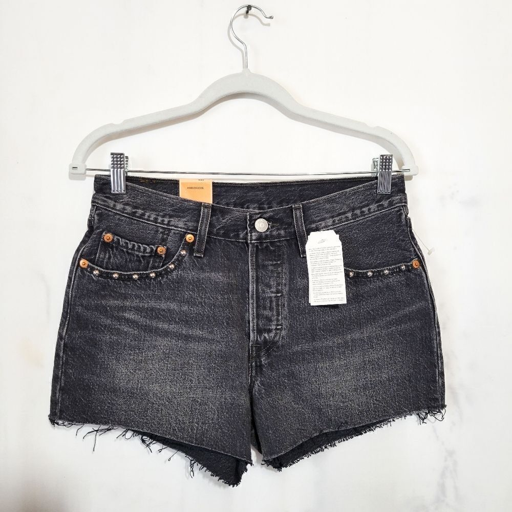 Levi's 501 Faded Black Studded Frayed Hem Denim Shorts